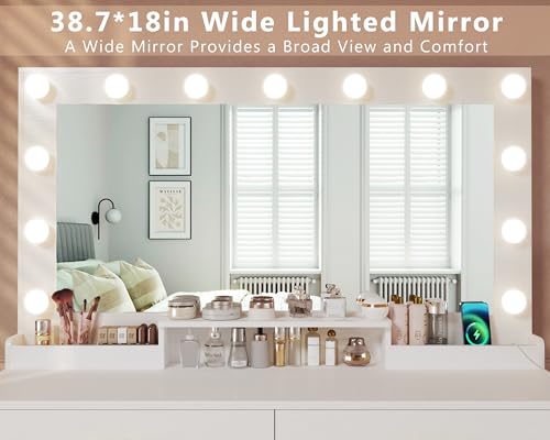 White Vanity Desk with Lights and Large Mirror F430