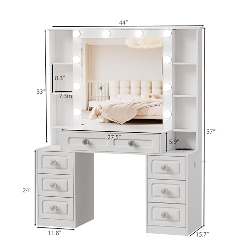 Farmhouse Makeup Vanity with Lighted Mirror & Charging Station, White E195