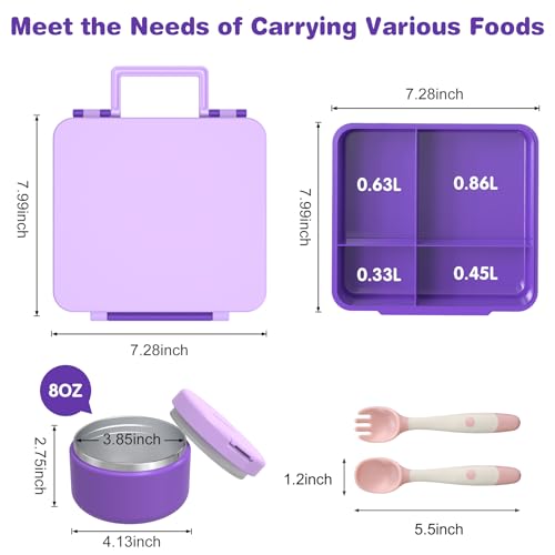 Bento Lunch Box with 8oz Soup Thermo, Kids Leakproof 4 Compartment, Pink B2720