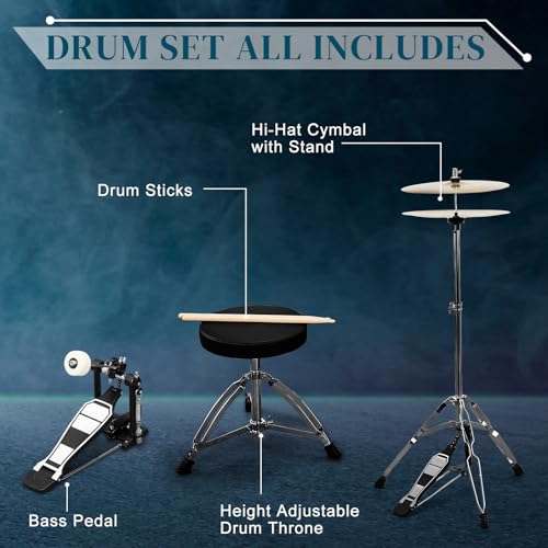 Ktaxon 22 Inch 5-Piece Adult Drum Set with Cymbals and Stool (Blue) G680