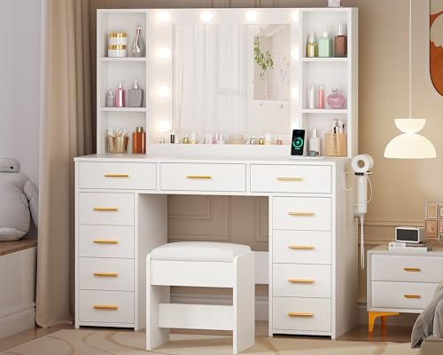ANWBROAD White Vanity Desk with Mirror and Lights, Power Outlet, 11 Drawers, Stool G15827