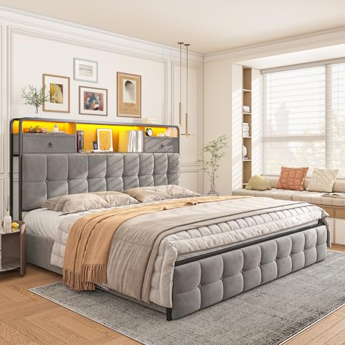 EnHomee King Size Bed Frame with 4 Drawers, Headboard, Charging Station and LED Lights, Grey I310