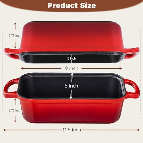 Cast Iron Bread Loaf Pan with Lid, Enameled, 9x5, Set of 2, Cherry M2023