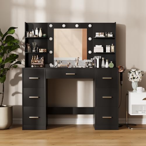 Furmax Vanity Desk with Mirror, LED Lights and Power Outlet, White O83814