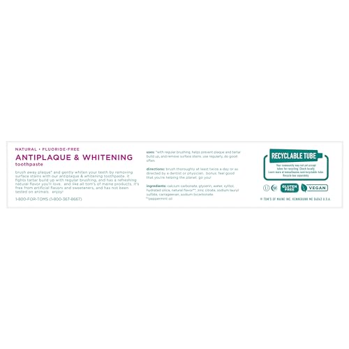 Tom's of Maine Fluoride-Free Antiplaque & Whitening Toothpaste, Peppermint, 5.5 oz, 2-Pack U812