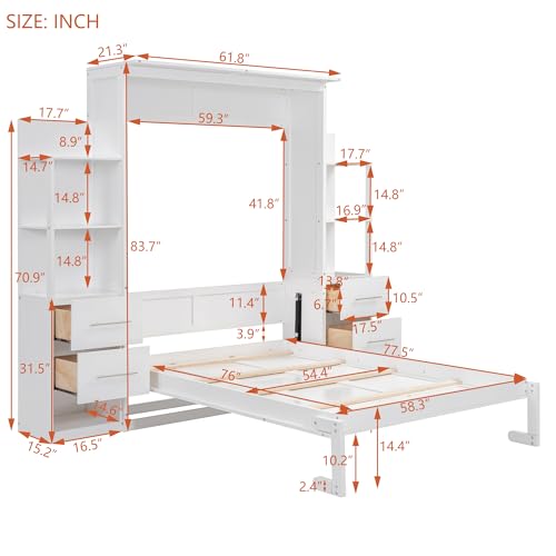 MERITLINE Queen Murphy Bed with Storage Drawers, LED Lights and Shelves, Grey P714