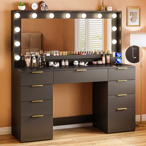 White Vanity Desk with Large Mirror and Lights I322