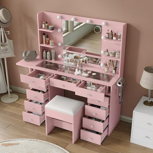 55" Vanity Desk with Charging Station and Lighted Mirror, Black Z765
