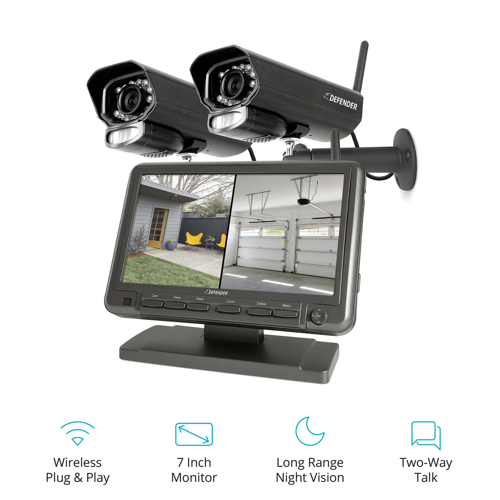 Defender PhoenixM2 Non Wi-Fi. Plug-in Power. Security Camera System with 7 Display Monitor and 2 Long-Range Night Vision Cameras,  32GB SD Card Recording, Plug & Play