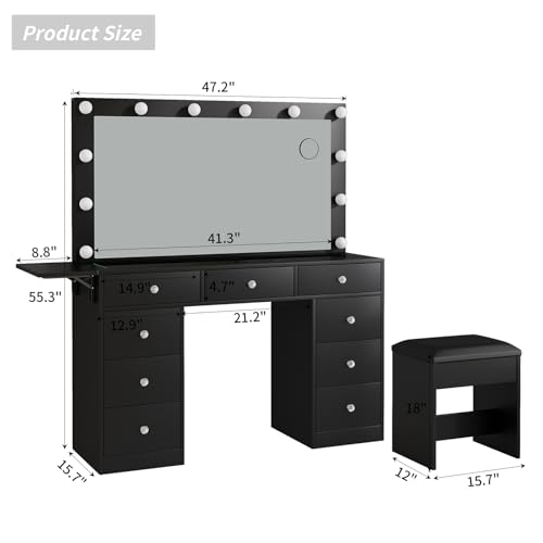 55" Vanity Desk with Charging Station and Lighted Mirror, Black Z765