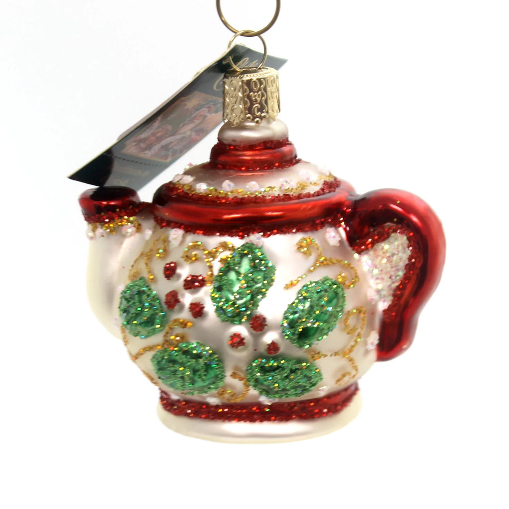 Old World Christmas Glass Blown Ornament Holly Teapot with Gift Box U2037
