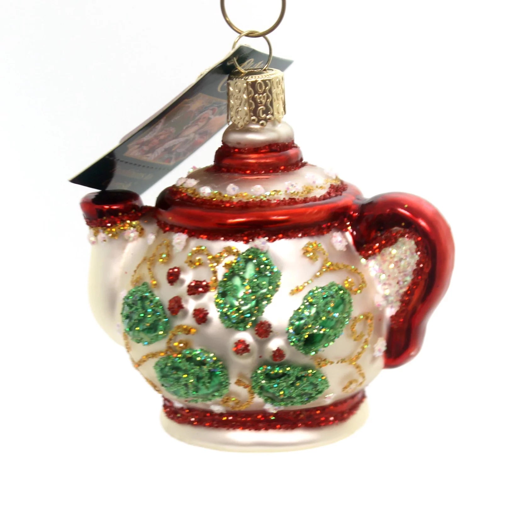 Old World Christmas Glass Blown Ornament Holly Teapot with Gift Box U2037