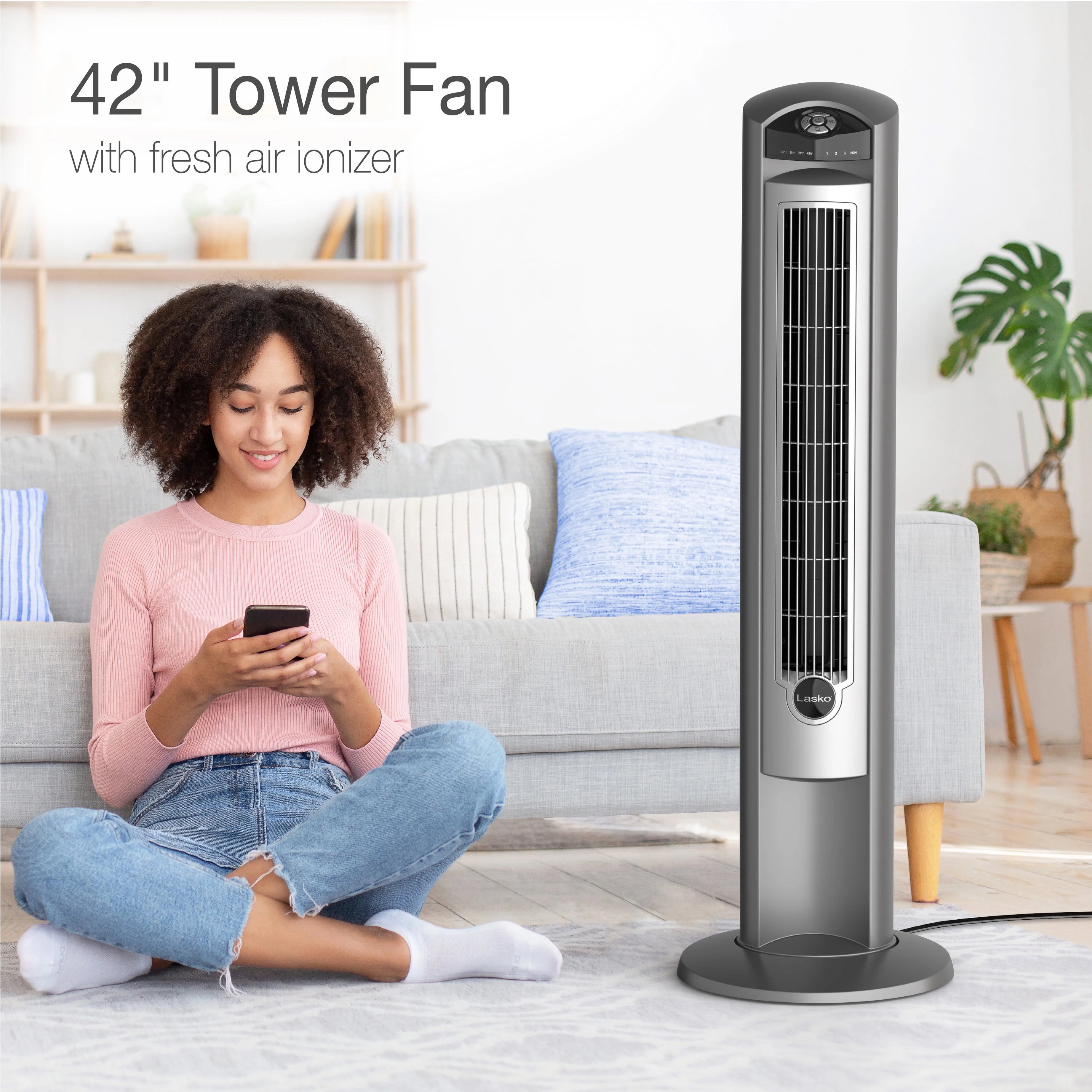 Lasko 42 Wind Curve Tower Fan with Ionizer and Remote, Gray/Woodgrain C6204