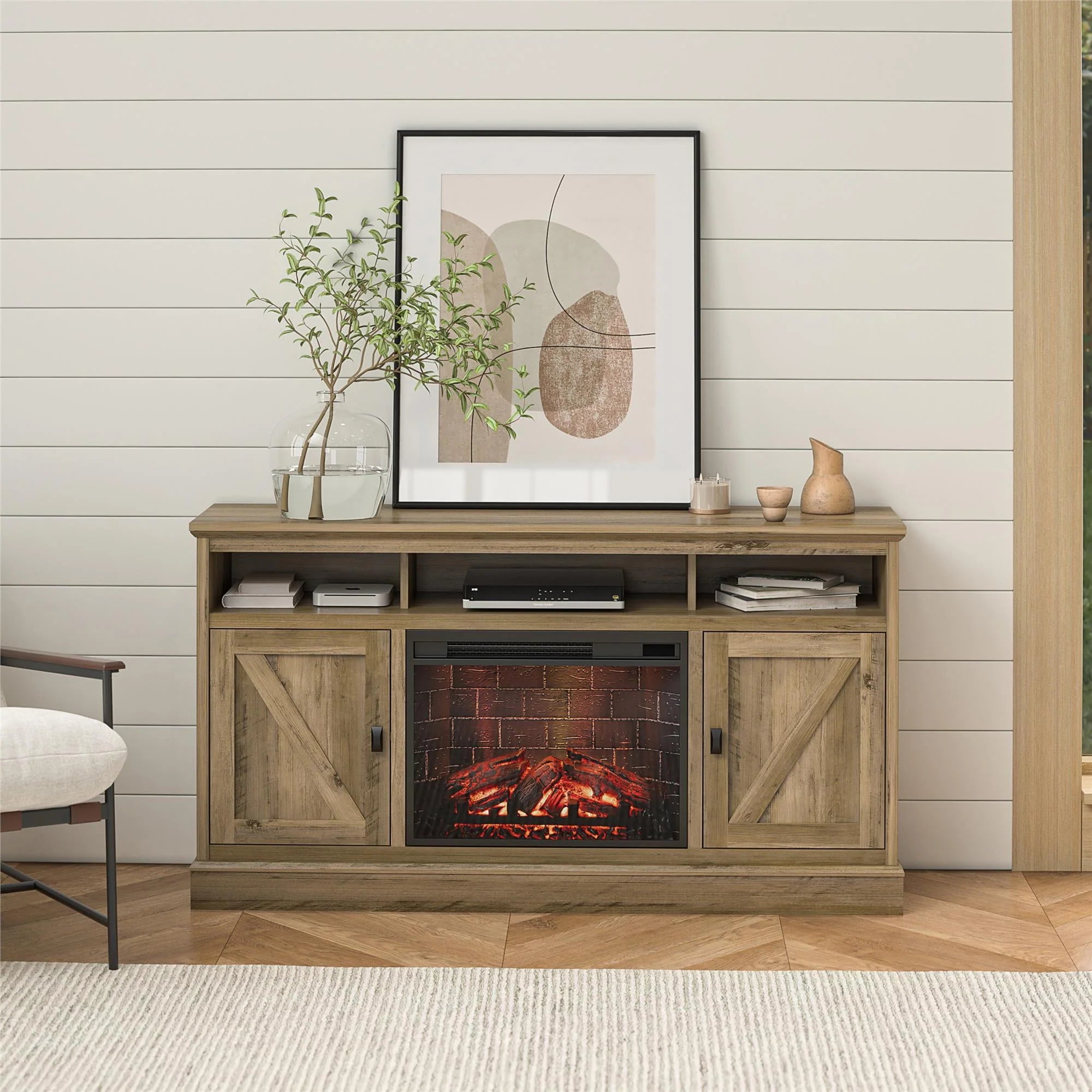 Ameriwood Home Ashton Lane Electric Fireplace TV Stand for TVs up to 65, Black Oak D206311