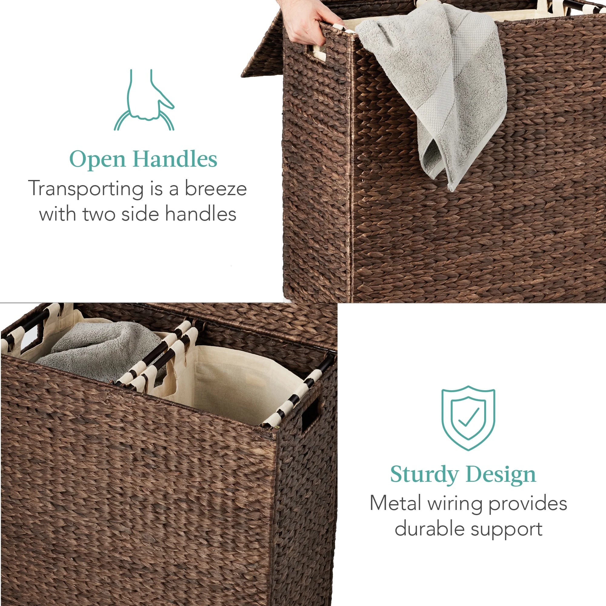 Large Natural Water Hyacinth Double Laundry Hamper Basket with 2 Liner Bags, Espresso H159