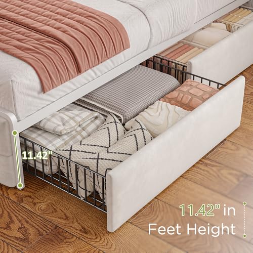 EnHomee King Size Bed Frame with 4 Drawers, Headboard, Charging Station and LED Lights, Grey I310