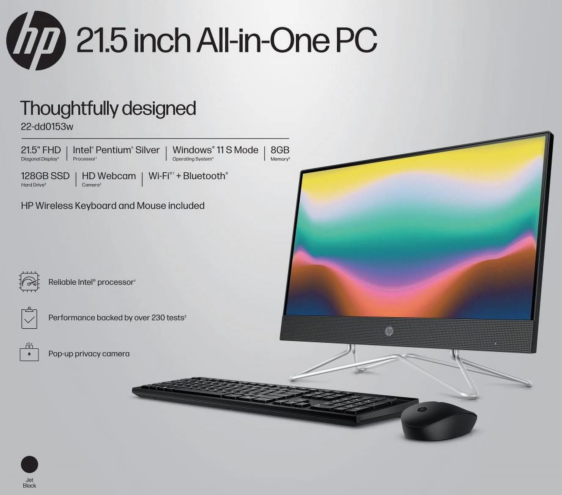 HP 21.5 All-in-One PC, Intel Pentium, 8GB RAM, 128GB SSD, Windows 11 Home, White O9382