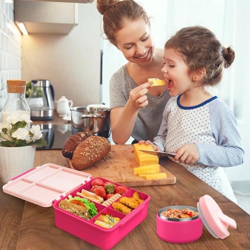 Bento Lunch Box with 8oz Soup Thermo, Kids Leakproof 4 Compartment, Pink B2720