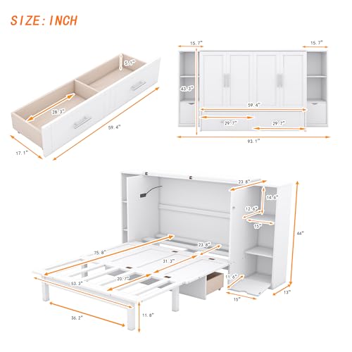 Queen Size Murphy Wall Bed with Storage and Bookcase Headboard, Solid Wood, White F901