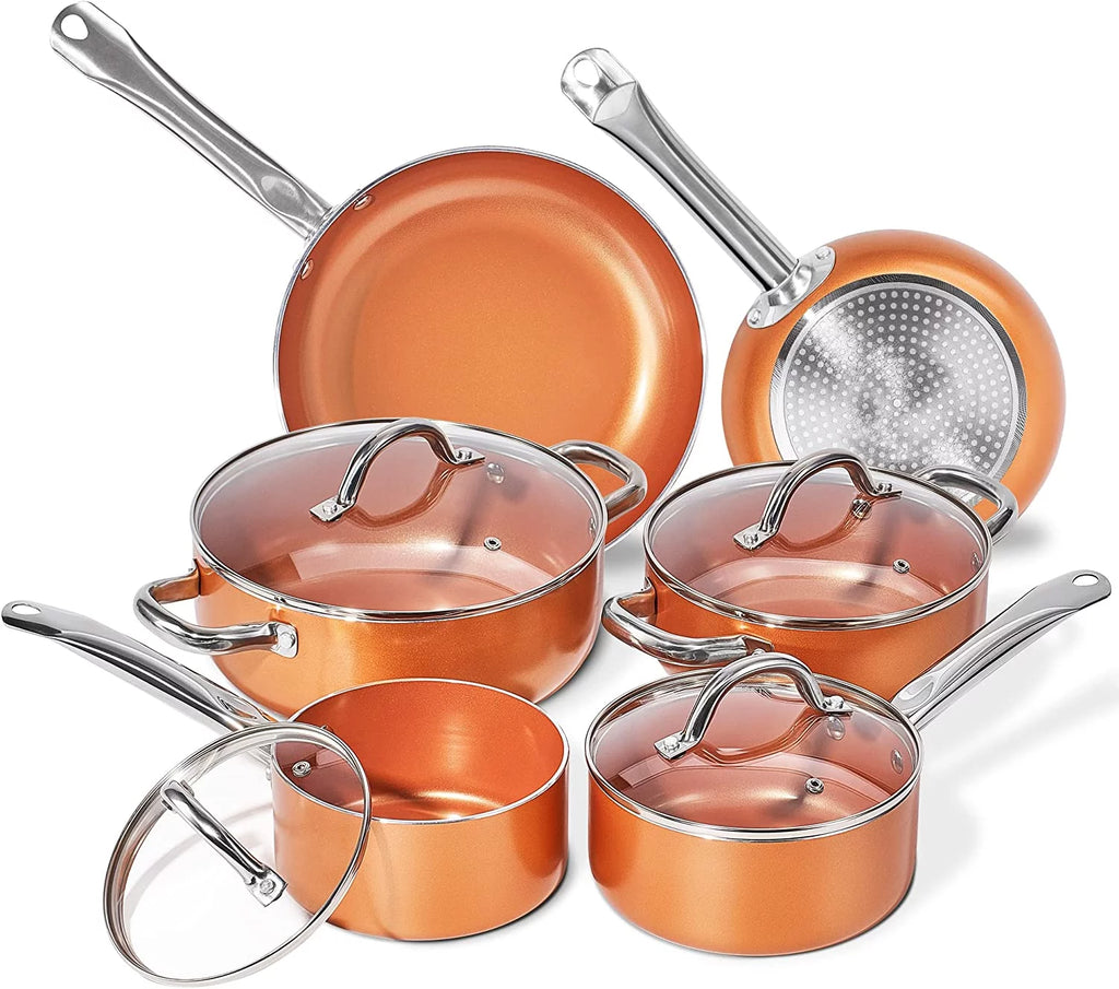 Excellent Copper Pots and Pans Set  10 Piece Nonstick Chef Cookware Set with Ceramic Coating  No Assembly Required Stainless Steel Handles  Dishwasher &amp; Oven Safe  Orange