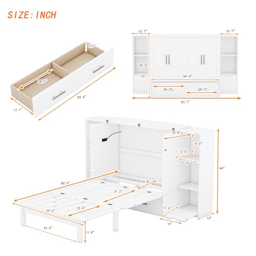 Queen Size Murphy Wall Bed with Storage and Bookcase Headboard, Solid Wood, White F901