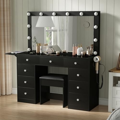 55" Vanity Desk with Charging Station and Lighted Mirror, Black Z765