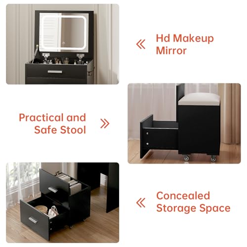 Compact Vanity with 3 Drawers, Makeup Desk with Lighted Mirror and Stool, White P76418
