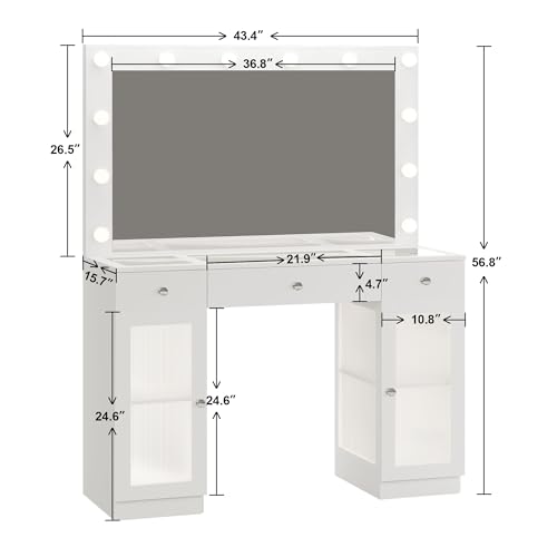 White Vanity Desk with Large Mirror and Lights for Bedroom I153