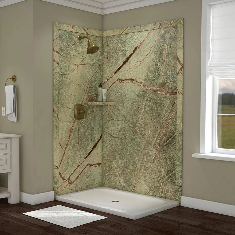 FlexStone Elegance 36 in. x 48 in. x 80 in. 7-Piece Easy Up Adhesive Corner Shower Wall Surround in Rainforest