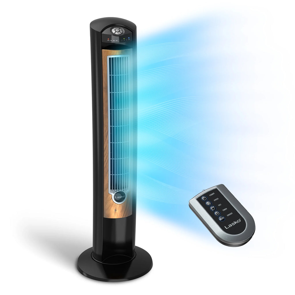 Lasko 42 Wind Curve Tower Fan with Ionizer and Remote, Gray/Woodgrain C6204