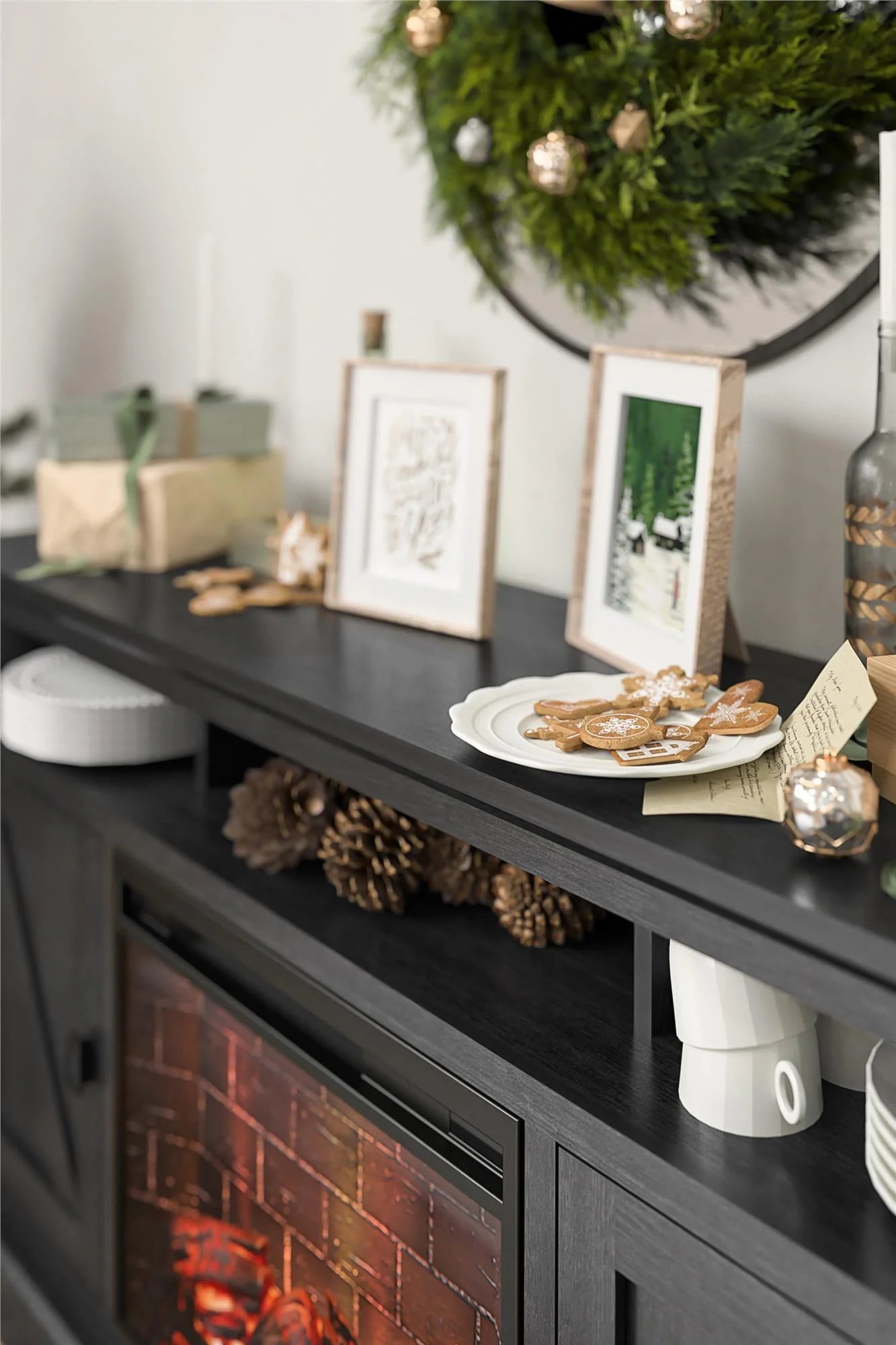 Ameriwood Home Ashton Lane Electric Fireplace TV Stand for TVs up to 65, Black Oak D206311