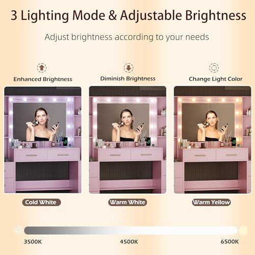 White Makeup Vanity Desk with Charging Station and Lights K58637