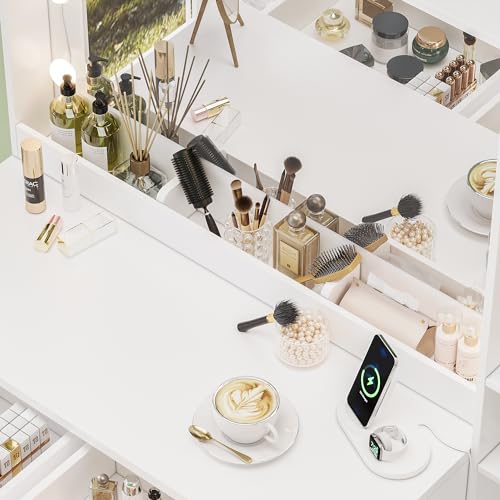 White Makeup Vanity Desk with Charging Station and Lights K58637