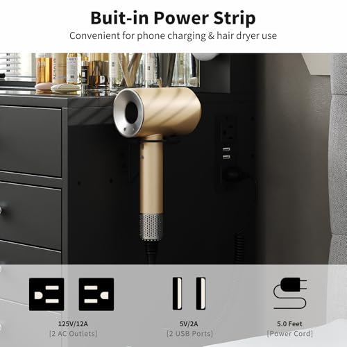 55" Vanity Desk with Charging Station and Lighted Mirror, Black Z765