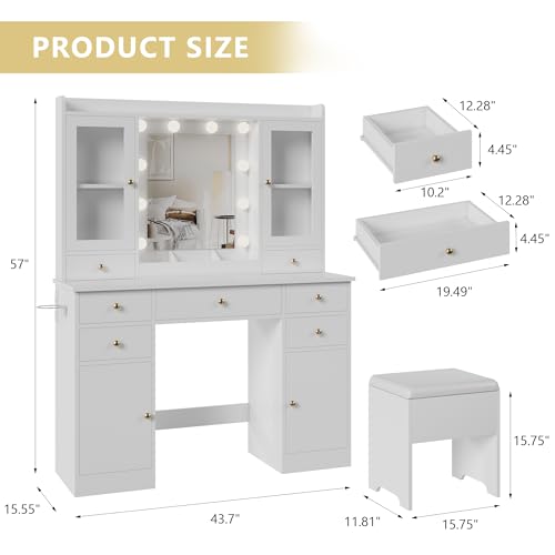 White Makeup Vanity Desk with Mirror, Lights, Storage Drawers & Chair D627