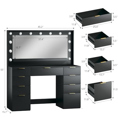 White Vanity Desk with Large Mirror and Lights I322