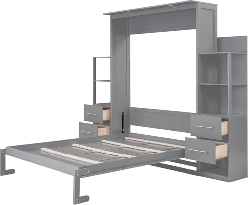 MERITLINE Queen Murphy Bed with Storage Drawers, LED Lights and Shelves, Grey P714