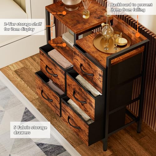 Furnulem 5 Drawer Black Fabric Dresser for Bedroom with Metal Frame D6974