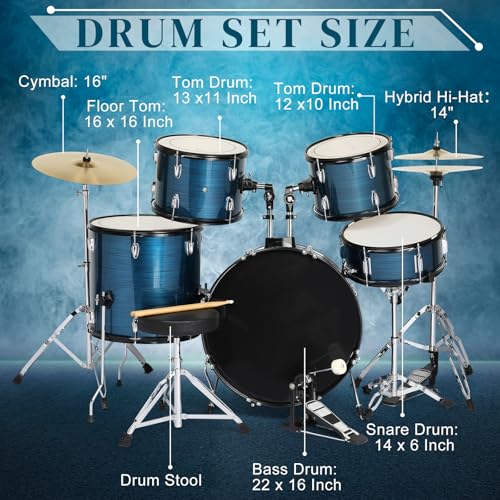 Ktaxon 22 Inch 5-Piece Adult Drum Set with Cymbals and Stool (Blue) G680