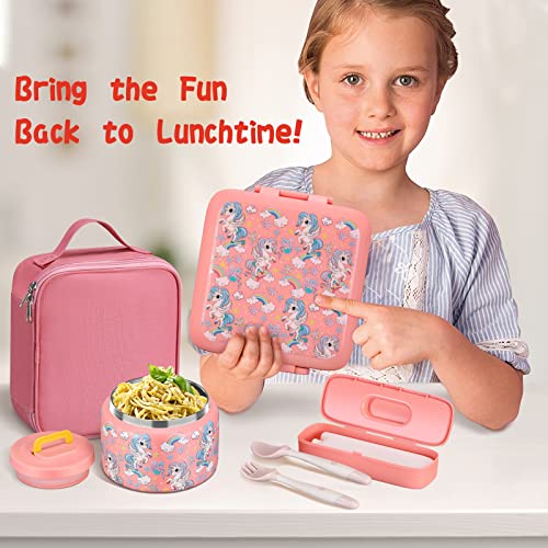 Bento Lunch Box for Kids with 5 Compartments and Thermos, Blue Dinosaur G749
