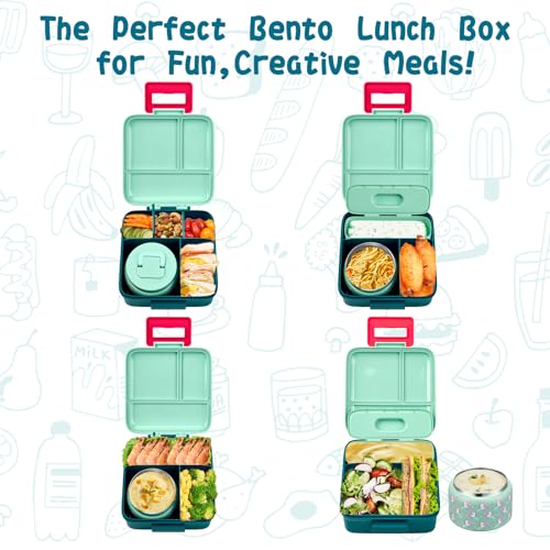 Bento Lunch Box for Kids with 5 Compartments and Thermos, Blue Dinosaur G749