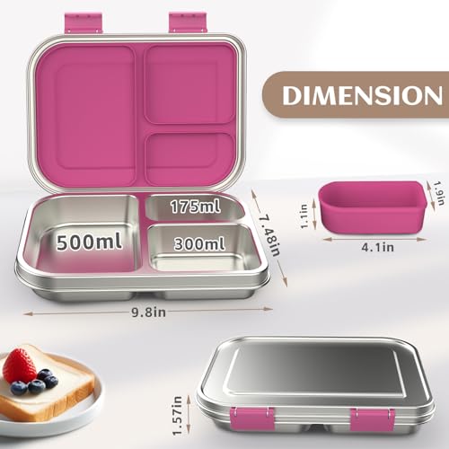 Stainless Steel Bento Box for Kids, 3 Compartments, Leak Proof, Dishwasher Safe, Pink A5921