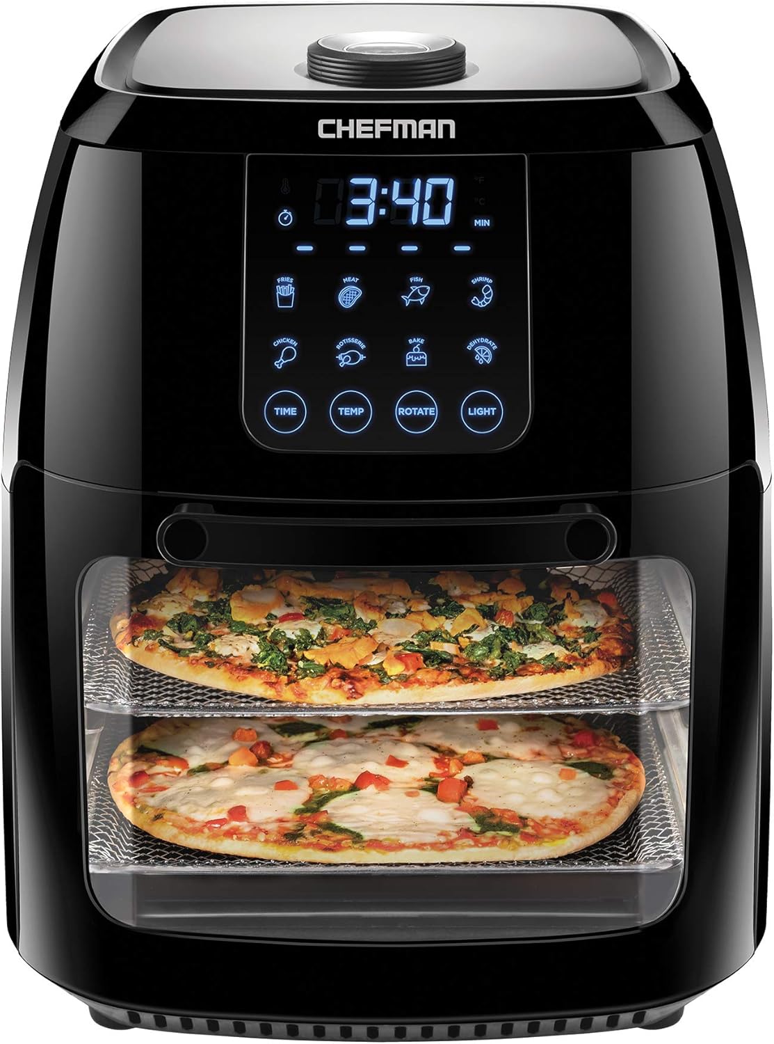 Chefman 6.3 Quart Digital Air Fryer+ Rotisserie, Dehydrator, Convection Oven, 8 Touch Screen Presets Fry, Roast, Dehydrate & Bake, BPA-Free, Auto Shutoff, Accessories Included, XL Family Size, Black