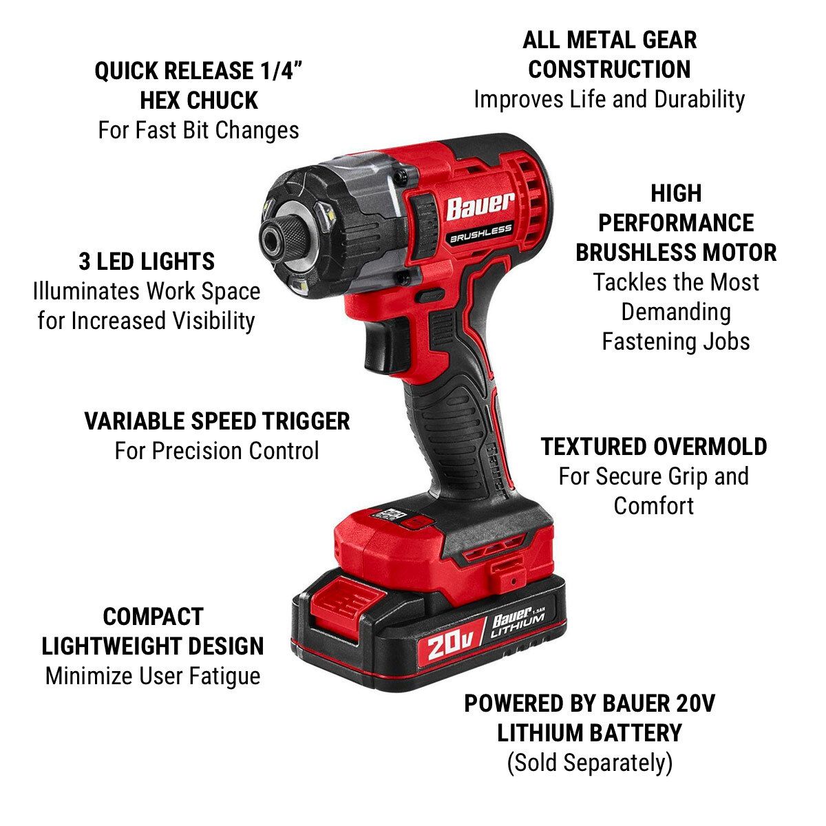 BAUER 20V Brushless Cordless 3-Speed Impact Driver - Tool Only D17063