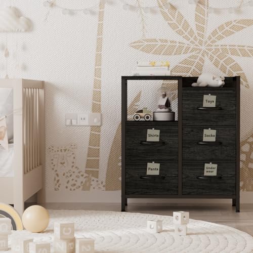 Furnulem 5 Drawer Black Fabric Dresser for Bedroom with Metal Frame D6974