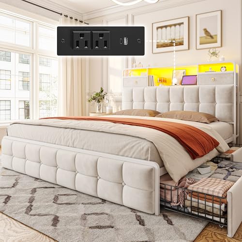 EnHomee King Size Bed Frame with 4 Drawers, Headboard, Charging Station and LED Lights, Grey I310