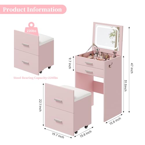 Compact Vanity with 3 Drawers, Makeup Desk with Lighted Mirror and Stool, White P76418