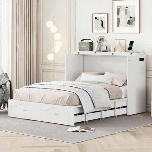 Queen Size Murphy Wall Bed with Storage and Bookcase Headboard, Solid Wood, White F901
