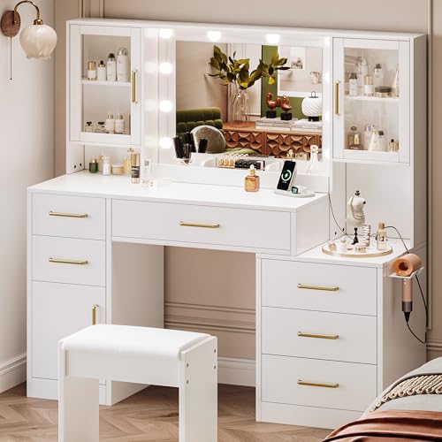 White Makeup Vanity Desk with Charging Station and Lights K58637
