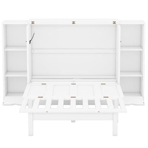 Queen Size Murphy Wall Bed with Storage and Bookcase Headboard, Solid Wood, White F901